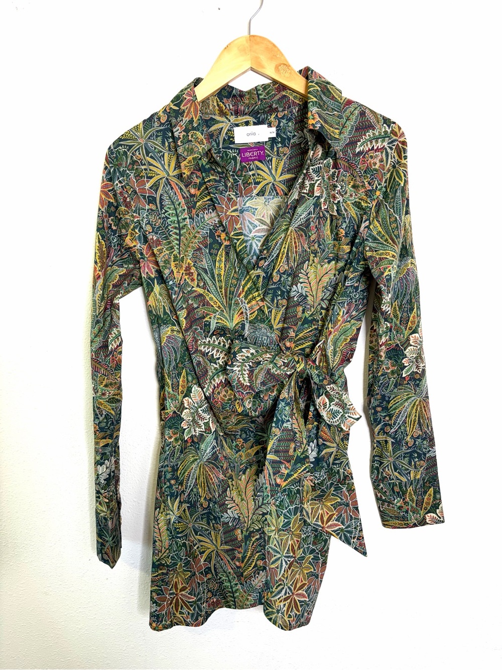 Onia Liberty Print Fabric Cotton Wrap top Green Navy Botanical Blouse M tunic - Picture 5 of 12